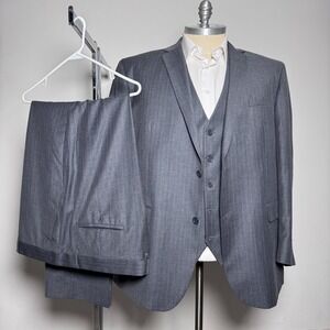 Tessori 3-Piece Suit Mens 42L Gray Pinstripe Wool Blend Italy Professional 45x31